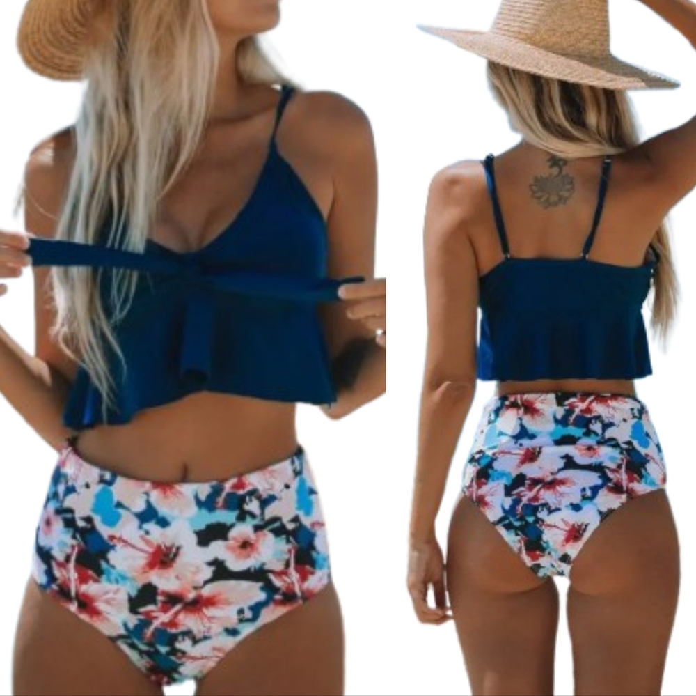 Beachsissi Floral High-Waisted Flouncing Bikini Set Sz XL